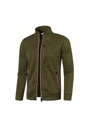 Ghassy Co. Erkek Kırçıllı Yüzey Hafif Rüzgar Geçirmez Tam Fermuarlı Polar Ceket Koyu Haki