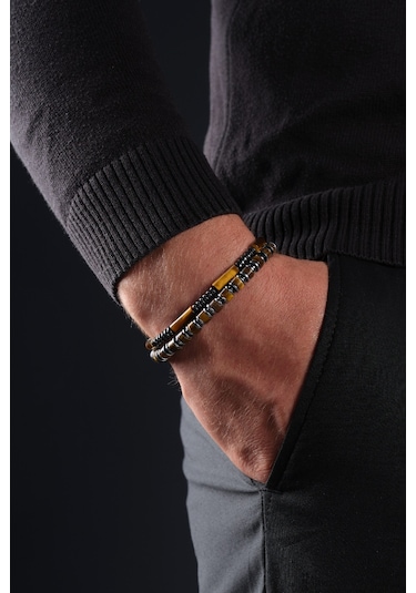 Ssilhoutte Doğaltaş Sertifikalı Kaplangözü Ve Hematit Kombin Doğal Taş Hediye Erkek Bileklik Kahverengi