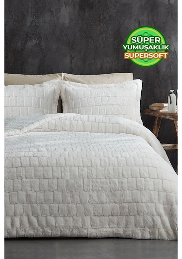 Evlen Home Çift Taraflı Kişilik Kürk Yatak Örtüsü Uyku Seti Yumuşak Dolgulu Wellsoft Peluş 3 Parça Benita Krem Krem