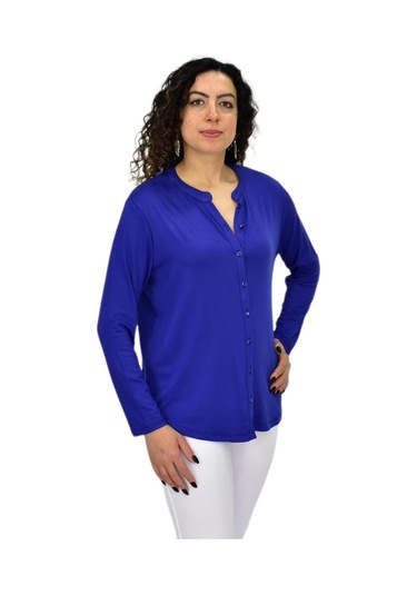 Kadın Uzun Kol Düğmeli Bluz Bgl-st04680 Saks Mavi