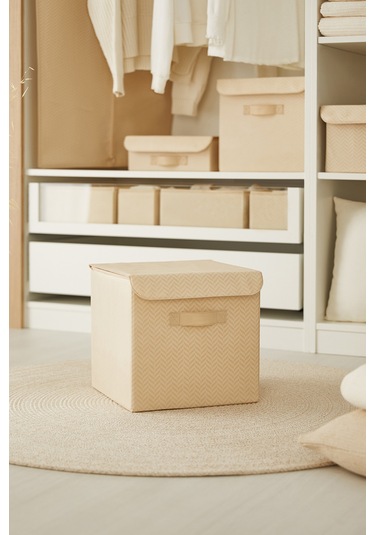 Ocean Home Textile 2'li Bej Balıksırtı Kapaklı Kutu Set 30 x 30 x 30 cm