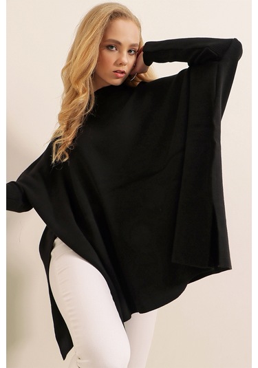 Bigdart 15783 Yırtmaçlı Panço Kazak - Siyah 001