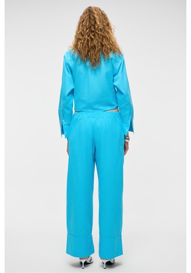 Melancholı Kadın %100 Pamuk Keten Görünüm Flamlı Geniş Paça Yüksek Bel Lastikli Turkuaz Pantolon