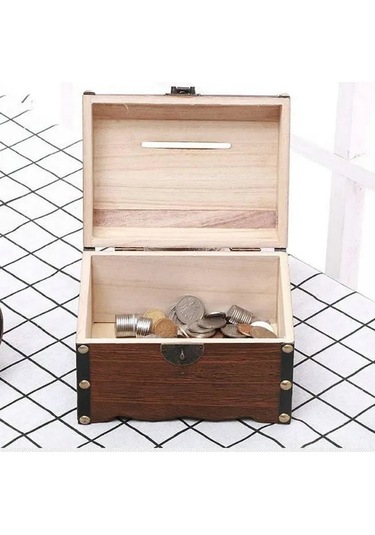 Fosenze Eski Stile Sahip El Yapımı Ahşap Kumbara, Kilitli Para Kazanma Kutusu, 15x10x10cm, Kahverengi Renk, Dini Bayramlar Ve Hediyeler İçin Uygun Haki
