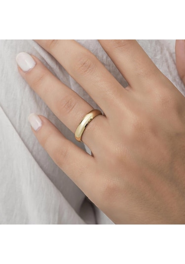 4 mm Bombeli Klasik Düz Altın Kaplama Tek Gümüş Alyans Yüzük