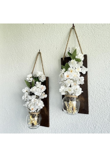 Led Işıklı, Lüx Beyaz Bahardalı Çiçekli Duvar Dekoru Ceviz İkili Set Ceviz