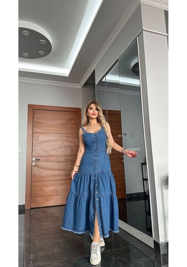 Yeni Sezon Kot Elbise Düğmeli Sırt Dekolteli Bağcık Detaylı Büyük Beden Uzun Jean Elbise Jean Denim