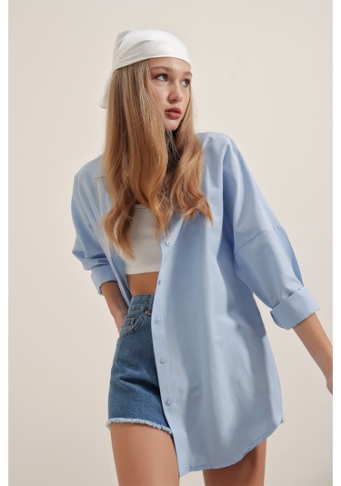 Bigdart 3900 Oversize Uzun Basic Kadın Gömlek Mavi 001