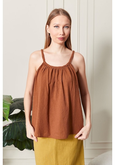 Şık Farklı Tarz Keten Işıl Bluz - Zarif Ve Modern Tasarım Kiremit