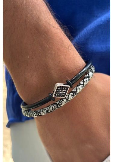 El İşçiliği İle Üretilmiş Hakiki Deri Erkek Bileklik Gümüş - Beyaz