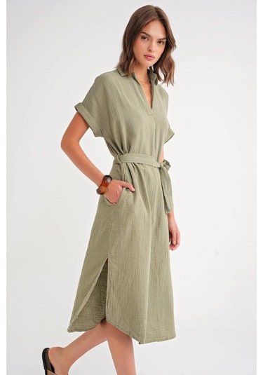 4720 Kadın Pile Detaylı Bağlamalı V Yaka Müslin Elbise Haki Haki