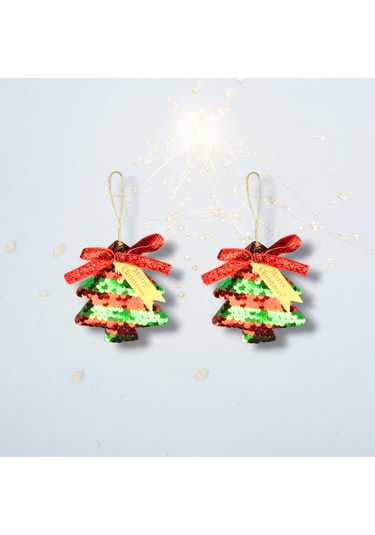 Yılbaşı Süsü 2'li Pullu Çam Ağacı Kırmızı Yeşil 10 Cm