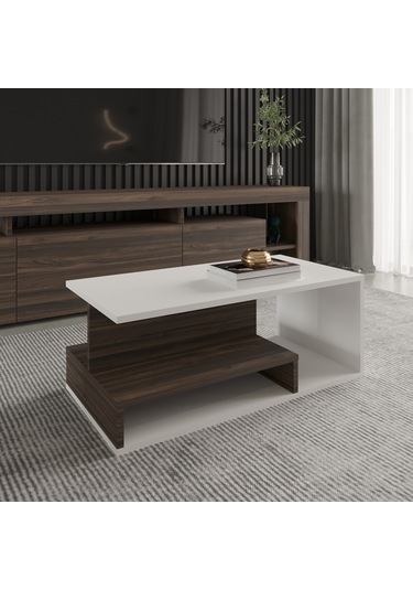 Vera Mini Orta Sehpa Modern Tasarım, Fonksiyonel Raflı Yap Beyaz/ceviz