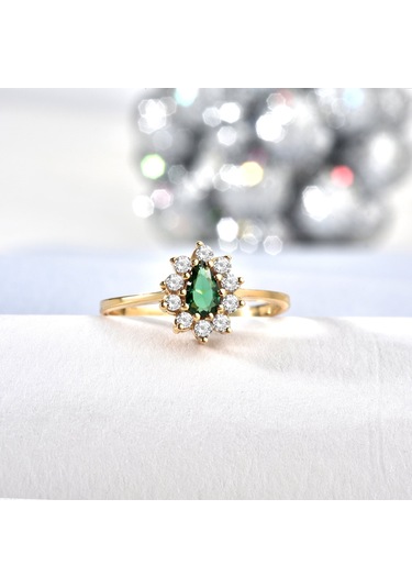 14 Ayar Mikron Altın Kaplama Zümrüt Yeşili Taşlı Damla Halo Yüzük Vintage Stil - Rs00117 Altın