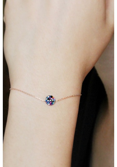 Renkli Taşlı Gümüş Daire Bileklik Rose Gold