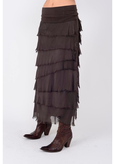 İtalyan 2 Beden Ince Gösteren Kat Kat Ipek Etek & Straplez Elbise Kahve Rengi