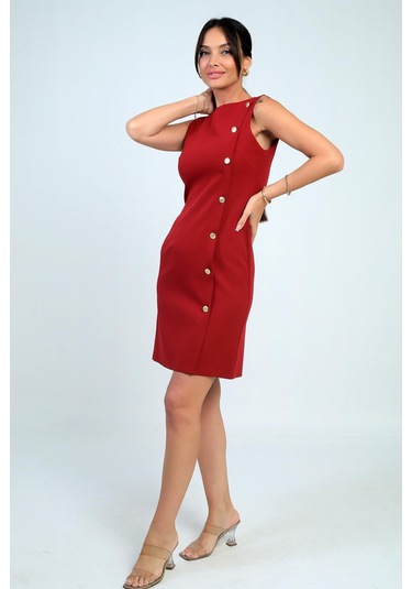 Kadın Kendinden Telalı Yan Düğmeli Kısa Elbise-41566 Bordo
