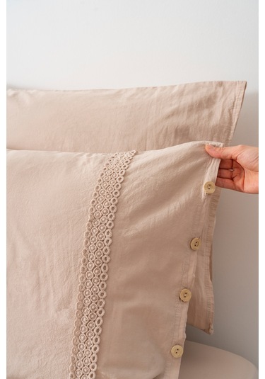 Grace Vizon Güpürlü Çift Kişilik %100 Pamuklu Nevresim Seti - 6 Parça Çeyiz Seti Vizon