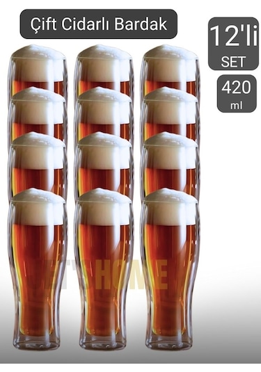 12 Li Set Bira Bardağı Kahve Bardağı Çift Cidarlı Bardak Meşrubat Bardağı 420 Ml Şeffaf