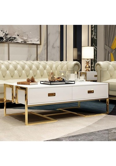 Barbara Gold Metal Beyaz Orta Sehpa