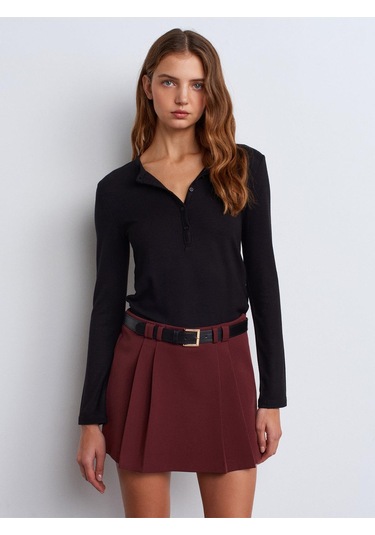 31544 Düğmeli Uzun Kollu Top-siyah-10691 Siyah