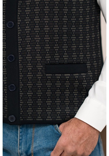 Woolen World Regular Fit Ön Cepli Desenli Kolsuz Erkek Triko Yelek Lacivert