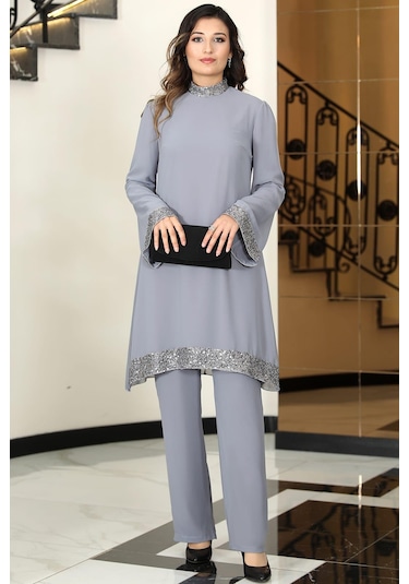 Umay Şifon Tunik Pantolon İkili Tesettür Takım Gri Gri