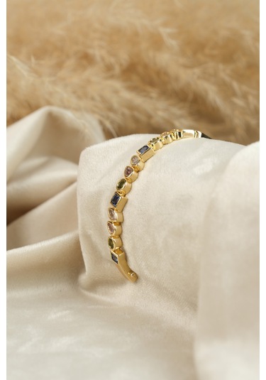 Çildan Womens Gold Özel Tasarım 3 Renk Taşlı Kelepçe Bileklik Altın - Gümüş