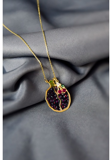 925 Ayar Gümüş Gold Kaplama Kiraz Sallantılı , Mineli Bolluk ve Bereket Tılsımı Nar Taneli Kolye