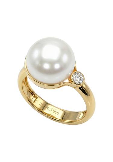 Pırlantalı Doğal İnci Yüzük 9 Mm Sarı