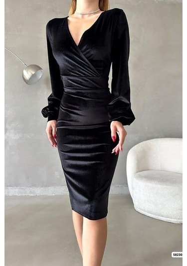 Nnstartshopping Kadın Kadife Kumaş Kruvaze Yaka Balon Kol Ve Yırtmaç Detaylı Midi Boy Elbise Siyah