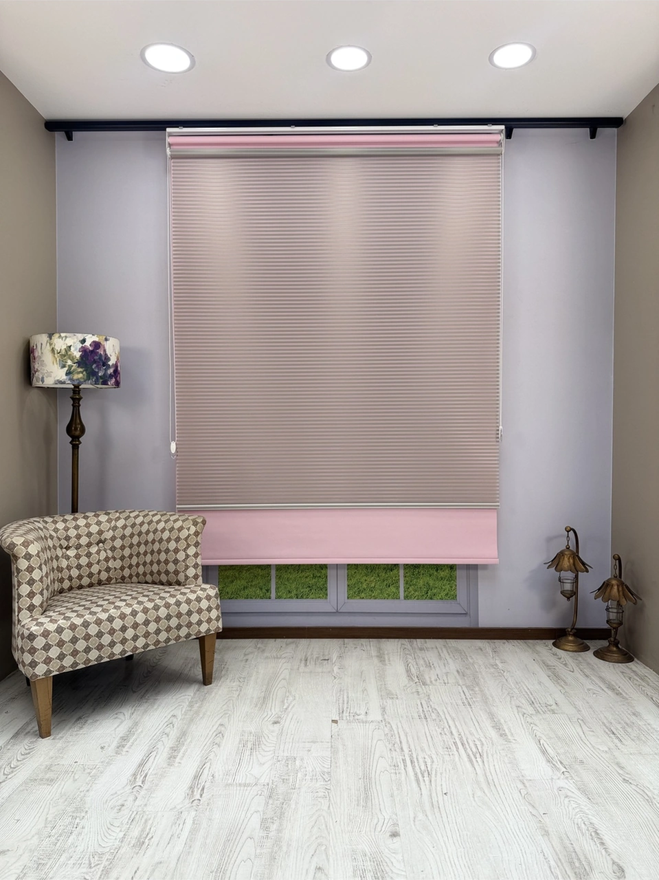 Luna Serisi Açık Gri Tül Pembe Stor Perde Işık Kontrollü, Çift Mekanizmalı, Kolay Montaj Pembe