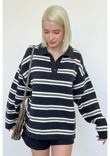 Lacivert Polo Yaka Çizgili Kadın Triko Kazak Mg2469 Lacivert