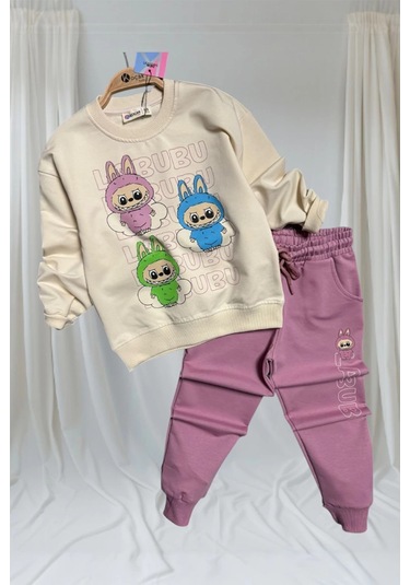 Labubu Desenli Kız Çocuk Pembe Renk Eşofman Takım 2 Li Set Pembe