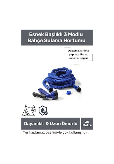 Dayanıklı Kırılmaz 3 Modlu Uzayan Bahçe Sulama Araç Yıkama Hortumu 30 Metre Mavi