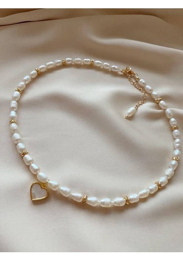 Vip Tasarım Gerçek İnci Sedef Kalpli Kolye Altın Kaplama Beyaz