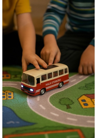 Nostaljik Halk Otobüsü 11 Cm Pilli Sesli Işıklı Kapısı Açılır Yumuşak Tekerlekli - Kırmızı