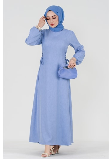 Yanı Bağcıklı Keten Elbise-bebe Mavi-3367-bebe Mavi Bebe Mavisi