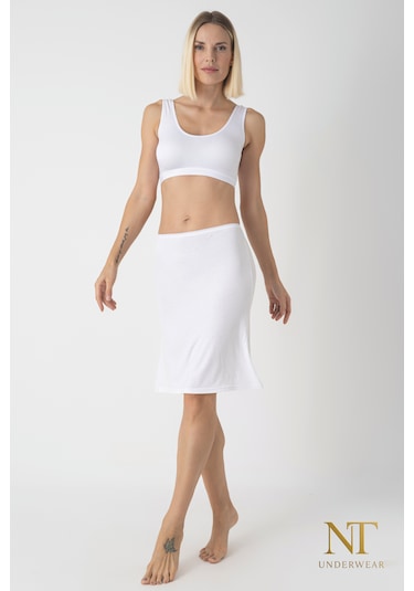Nt Underwear Bambu Dizüstü Etek Astarı, Midi Jupon - Doğal Kumaş, Modern Kalıp. Beyaz