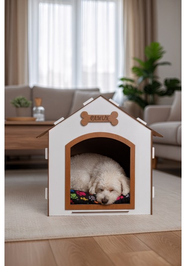 Ahşap Özel İsim Baskılı Dekoratif Köpek Evi-kulübesi, Küçük Irk Köpekler İçin Kulübe, Köpek Kulübesi Beyaz-kahverengi