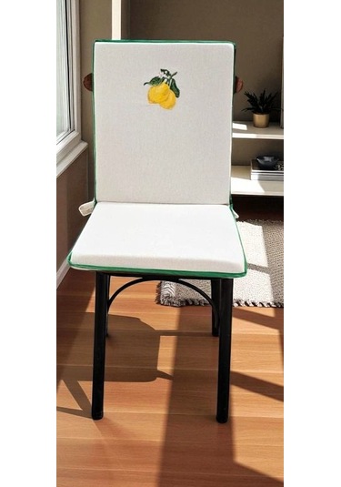 Limon Nakışlı Buldan Keteni Arkalıklı Fermuarlı Sandalye Minderi Naturel