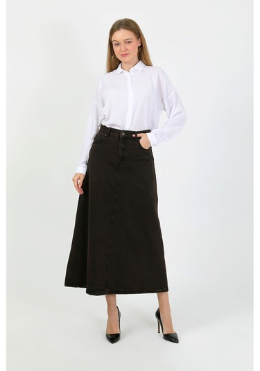 Yüksek Bel A Kesim Denim Etek Kahverengi Kahverengi