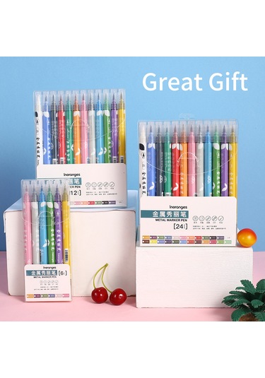 Qingmipy 12 Renkli İki Uçlu Metal Kalem Seti - Çizim, Kontur Çizme Ve Grafik Çalışmaları İçin 1-2mm Uçlar Çok Renkli