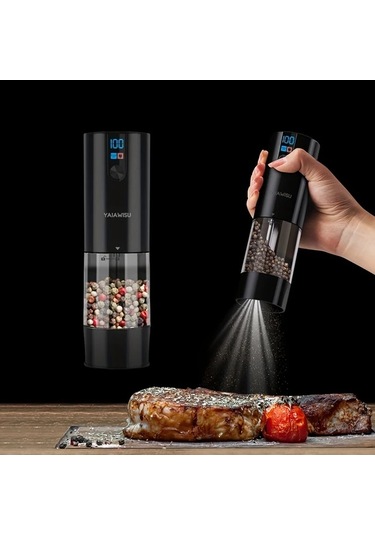 Motion003 Elektrikli Tuz Ve Biber Değirmeni Seti Siyah 1 Usb Şarjlı Küçük Öğütücü Lcd Ekran Ayarlanabilir Kabağlık Ev Mutfak Restoran Barbekü