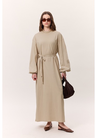 Balon Kollu Uzun Rahat Elbise Taş Taş