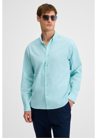 Lasse Erkek Gömlek Yaka Manşetli Uzun Kollu Regular Fit Keten Karışımlı Mint Yeşil Gömlek