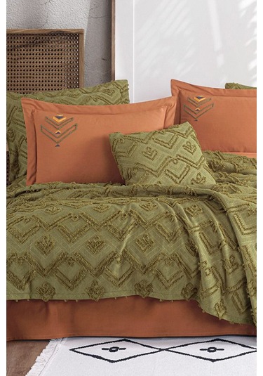 İyi Geceler İstanbul Aztec Haki Çift Kişilik %100 Pamuk Yatak Örtüsü Seti Haki