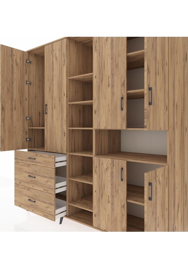 Kronos Dolap 13 Raflı 3 Çekmeceli 6 Kapaklı 220x59x243 Çam-çam/çam Atlas Çam/atlas Çam