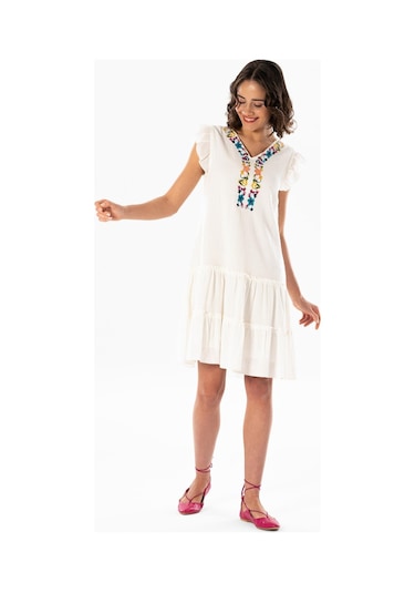 Kolsuz Şile Bezi Nakışlı Delfin Kısa Yazlık Otantik Elbise Krem Krm-krem Krem