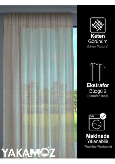 Bej Keten Görünümlü Ekstraforlu Tül Perde Linen Touch Serisi Bej